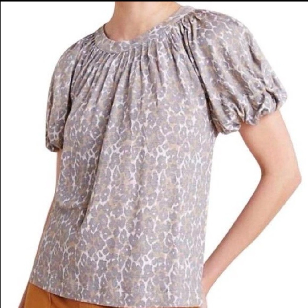 🆕 Anthropologie Maeve Top Animal Print Bubble Sleeve 100% Linen Size Small